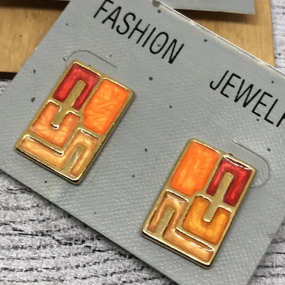 New old stock retro vintage clip on earrings statement modernist abstract enamel